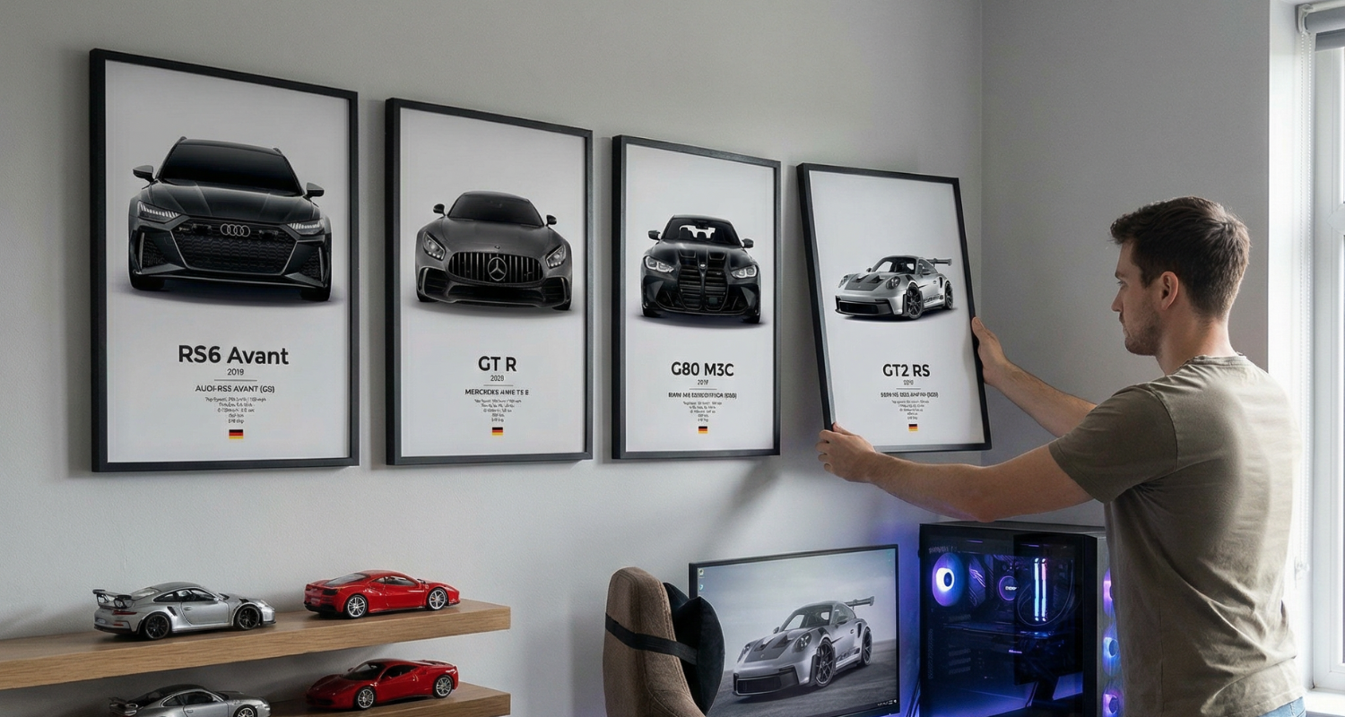 Car Artistry posters on a home office wall